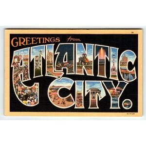Greetings from Atlantic City NJ Large Letter Linen Postcard Boardwalk Vintage NJ